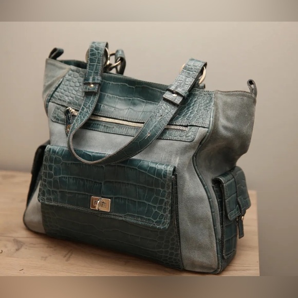 Teal leather Via Repubblica tote - Picture 1 of 4